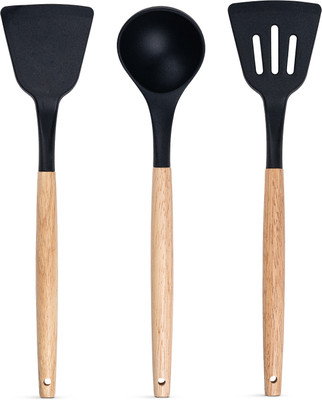 MYOZ 3-Pcs Silicone Spatula Cooking Set with Wooden Handles for Non-Stick Cookware Kitchen Tool Set(Black, Baking Tools, Ladle, Spatula, Cooking Spoon)