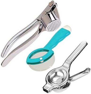 Global Impex Lemon squeezer, Green Pizza Cutter ,Garlic Crusher Kitchen Tool Set(Silver, Green, Juicer, Cutter, Crusher)