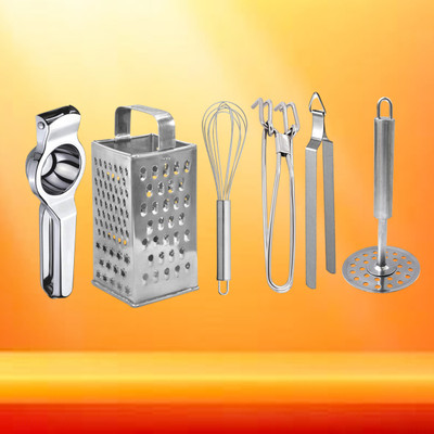 JISUN Lemon Squeezer & Grater & Egg Whisk & Pakkad & Roti Chimta & Potato Masher Kitchen Tool Set(Silver, Juicer, Grater, Whisk, Tong, Masher)