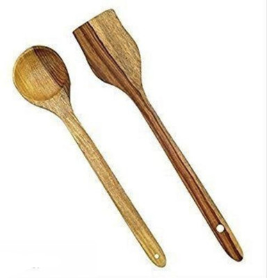 HeavnCraft Cooking and Serving Wooden Spoon set of 2/best quality/Non-Toxic Kitchen Tool Set(BEIGE BROWN, Cooking Spoon, Spatula)