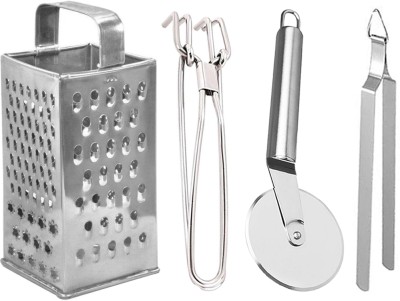 DreamBasket Stainless Steel Grater & Pakkad & Pizza Cutter & Chimta Kitchen Tool Set(Silver, Grater, Tong, Cutter, Tong)