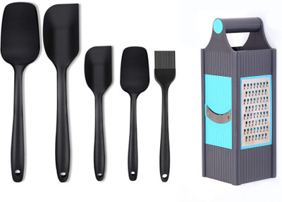 VONITY Silicon Black Spatula Non-Stick Spatula Set Heat-Resistant Spatula Kitchen Utensils Set Core & 4 in 1 Slicer 4 Blades for Chips Vegetable & Fruit Cutter Slicer Vegetable Slicer for Kitchen Kitchen Tool Set(Black, Spatula)