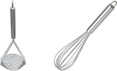 Analog Kitchenware Stainless Steel Potato Masher/Veg. Crusher And Egg Beater Set Of 2 Pic Kitchen Tool Set(Silver, Masher, Whisk)