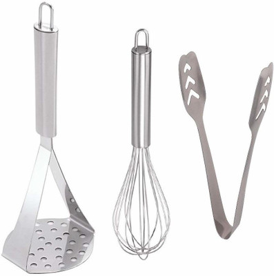Convay Potato Masher, Egg Whisk & Momo Tong Kitchen Tool Set(Silver, Masher, Tong, Whisk)