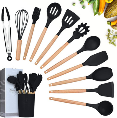 KPTON Silicon Spatula for Kitchen | Non-Stick | Cooking Spatulas with Wooden Handle Kitchen Tool Set(Black, Spatula)