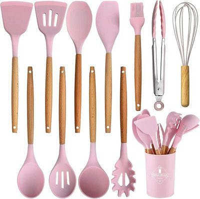 S R CREATION 12pcs Silicone Cooking Spatulas with Wooden Handle Cooking Spoon Spatula Combs Kitchen Tool Set(Pink, Spatula)