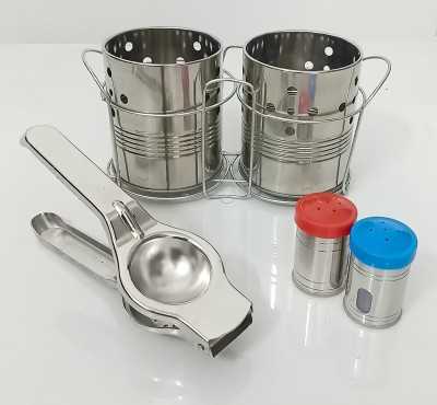 4NEX S.S. Cutlery Holder + Lemon Squeezer with bottle opener + Salt & Pepper Set Kitchen Tool Set(Silver, Opener)