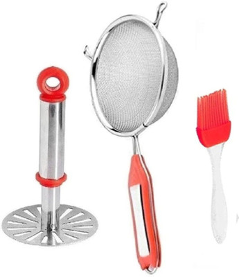 HITECH 1 Masher, 1 Tea Strainer & 1 Silicone Oil Brush Kitchen Tool Set(Silver, Masher, Strainer, Brush)