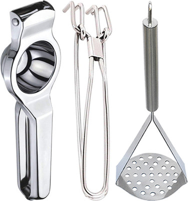 shagun creation Stainless Steel Lemon Squeezer & Utility Pakkad/ Utility Tong & Potato Masher Kitchen Tool Set(Silver, Masher, Juicer, Tong)