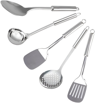 EvoFlex Premium Stainless Steel Serving & Cooking Set for Dining/ Kitchen Tool Set(Silver, Ladle, Cooking Spoon, Spatula, Baking Tools, Skimmer)