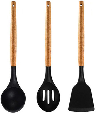 SOKT 3 Pcs Silicone Nonstick Spatula Set with Wooden Handle Spatula for Kitchen Kitchen Tool Set(Black, Spatula)