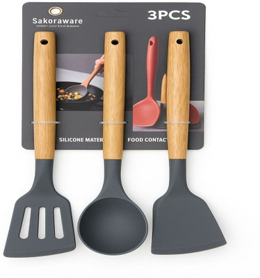 Sakoraware Silicone Spatula Set of 3 Heat Resistant Non-Stick with Wooden Handle for Baking Kitchen Tool Set(Black, Spatula, Ladle)