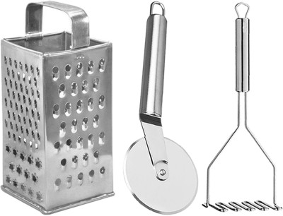 DreamBasket Stainless Steel Grater & Pizza Cutter & Potato Masher Kitchen Tool Set(Silver, Grater, Cutter, Masher)