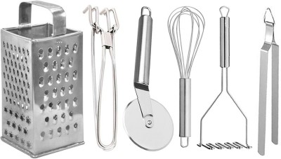 JISUN Slicer and Grater & Pakkad & Pizza Cutter & Whisk & Roti Chimta & Potato Masher Kitchen Tool Set(Silver, Grater, Tong, Cutter, Whisk, Masher)