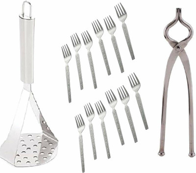 WokHouse set of 3 items include steel handle masher and 12 psc of fork with sansi Kitchen Tool Set(Tong, Masher, Baking Tools)