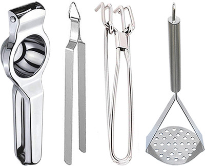 OC9 Lemon Squeezer & Pakkad & Roti Chimta & Potato Masher Kitchen Tool Set(Silver, Juicer, Tong, Masher)