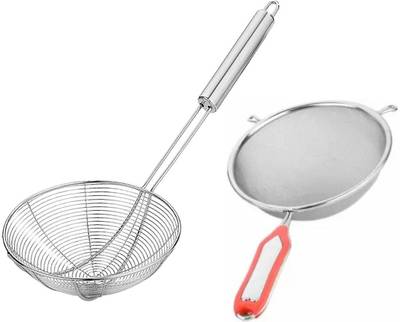 SHUBHCO Kitchen Tool Combo of Stainless Steel Deep Fry Strainer with Steel Soup Strainer Helps in Outdoor Cooking Pulka Jali Papad bbq Shelf Roti Roast Silver Kitchen Tool Set