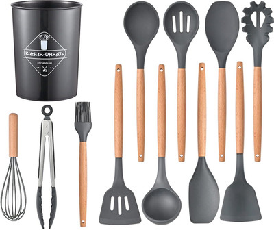 NESTIFY Set of 12 Pcs Non-Stick Silicone Spatula with Wooden Handle Cookware Tools Kitchen Tool Set(Multicolor, Spatula, Brush, Ladle, Cooking Spoon)
