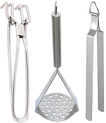 OC9 Stainless Steel Bartan Pakkad & Chimta & & Potato Masher / Pav Bhaji Masher Kitchen Tool Set(Silver, Tong, Masher, Tong)