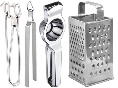 OC9 Stainless Steel Lemon Squeezer & 8 in 1 Grater / Slicer & Pakkad & Roti Chimta Kitchen Tool Set(Silver, Grater, Juicer, Tong, Tong)
