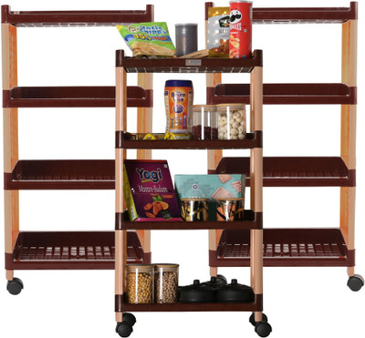 HOMESTIC Pack of 3 Multipurpose 4-Layer Storage Trolley Rack with Wheels | Brown Plastic Kitchen Trolley(Pre-assembled)