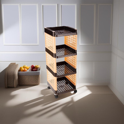 FLYUP Rectangular 4 Layer Multipurpose Shelf Stand Basket Rack Trolley Plastic Kitchen Trolley(DIY(Do-It-Yourself))