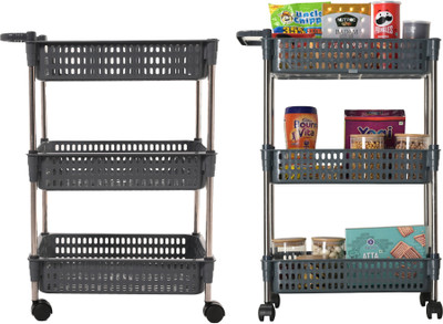 HOMESTIC Pack of 2 Multipurpose 3-Layer Storage Revolving Rack with Wheels | Grey Plastic Kitchen Trolley(Pre-assembled)