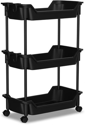 VM BOND 3-Tier Multipurpose Storage Trolley with Wheels Black Heavy Duty Rack for Office Plastic Kitchen Trolley(DIY(Do-It-Yourself))