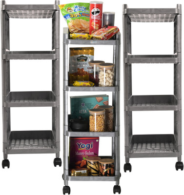 HOMESTIC Pack of 3 Multipurpose 4-Layer Office Storage Trolley Rack with Wheels | Grey Plastic Kitchen Trolley(Pre-assembled)