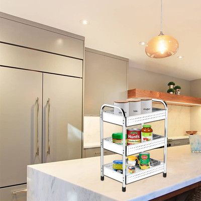 INGITAGNA Portable 3 Layer Steel Folding Perforated Trolley Modern Storage Rack Stainless Steel Kitchen Trolley(DIY(Do-It-Yourself))