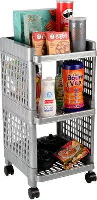 KUBER INDUSTRIES Multipurpose 3-Shelf Office Storage Trolley Rack with Wheels|Gray Plastic Kitchen Trolley(Pre-assembled)