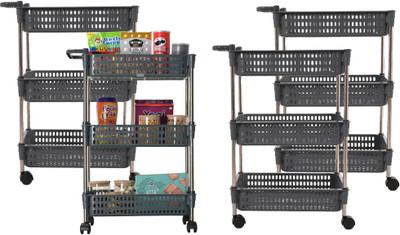 HOMESTIC Pack of 4 Multipurpose 3-Layer Storage Revolving Rack with Wheels | Grey Plastic Kitchen Trolley(Pre-assembled)