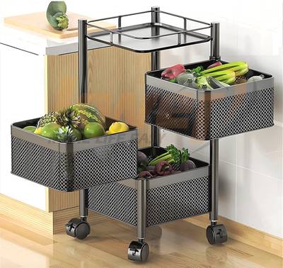 Craftbin 3 Layer Fruit Vegetable Stand Basket Kitchen Rotating Trolley Onion Potato Stand Iron Kitchen Trolley