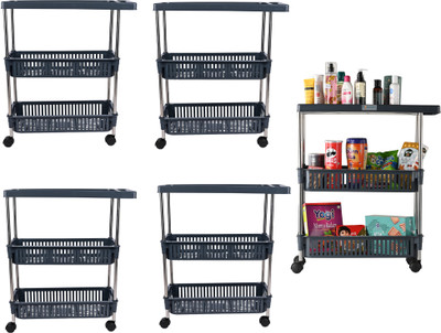 HOMESTIC Pack of 5 Slim 3-Layer Multipurpose Storage Rack with Wheels | Grey Plastic Kitchen Trolley(Pre-assembled)