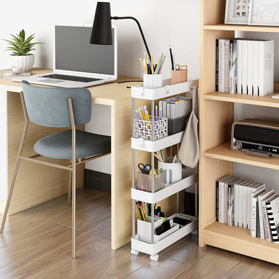 DXDT 4 Compartments Narrow Rack Shelf office Storage Organizer, storage trolley with rotatable Wheels for Office/kitchen/bathroom(White)