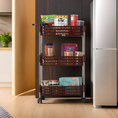 HOMESTIC Multipurpose 3-Layer Storage Revolving Rack with Wheels | Brown Plastic Kitchen Trolley(Pre-assembled)