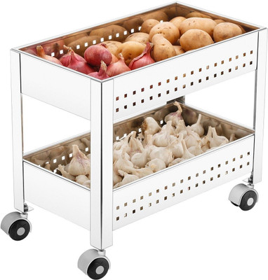 Plantex Stainless Steel 2-Tier Vegetable Basket for Kitchen/Onion Garlic Stand/Vegetable Storage Stand-Trolley for Kitchen(Square Profile-Silver) Stainless Steel Kitchen Trolley(Pre-assembled)