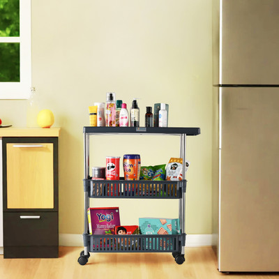 HOMESTIC Multipurpose Slim 3-Layer Storage Trolley Rack with Wheels | Gray Plastic Kitchen Trolley(Pre-assembled)