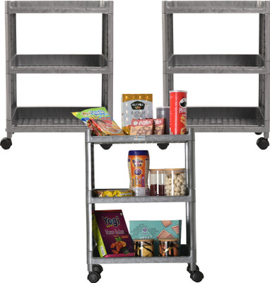 HOMESTIC Pack of 3 Multipurpose 3-Layer Storage Trolley Rack with Wheels | Grey Plastic Kitchen Trolley(Pre-assembled)