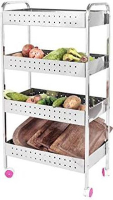 DEVRSHREE 4 Layer Stainless Steel Folding Onion Potato Trolley With Stand and Wheel Stainless Steel Kitchen Trolley(Pre-assembled)