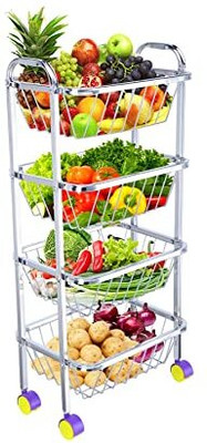 ARTSYHEARTSY Stainless Steel Fruit & Vegetable 4 Stand Kitchen Trolley | Fruit Basket Stainless Steel Kitchen Trolley(Pre-assembled)