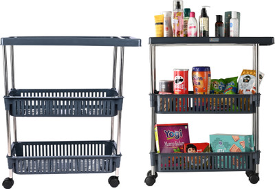 HOMESTIC Pack of 2 Slim 3-Layer Multipurpose Storage Rack with Wheels | Grey Plastic Kitchen Trolley(Pre-assembled)