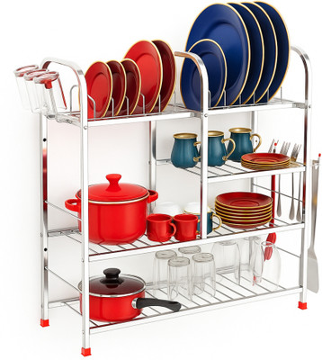 MAGS Stainless Steel 4 Shelf Wall Mount Kitchen Utensils Rack | Dish Rack with Plate & Cutlery Stand | Modular Kitchen Storage Rack Stainless Steel Kitchen Trolley(DIY(Do-It-Yourself))