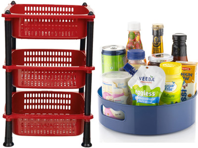 DM PLUS Combo Set 360° Rotating Tray & Big Basket Kitchen Rack Pack of 2 Plastic Kitchen Trolley(DIY(Do-It-Yourself))