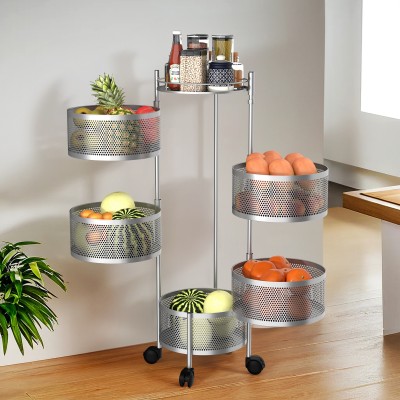 KUBER INDUSTRIES 5-Tier Rotating Multipurpose Storage Rack Trolley with Wheels | Silver Iron Fruit & Vegetable Basket(Steel)