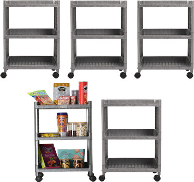 HOMESTIC Pack of 5 Multipurpose 3-Layer Storage Trolley Rack with Wheels | Grey Plastic Kitchen Trolley(Pre-assembled)