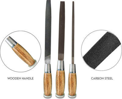 LXMI Wooden Handle Set of 3 File Flat, Half Round, Round 8 Inches Knife Sharpening Steel(Steel)
