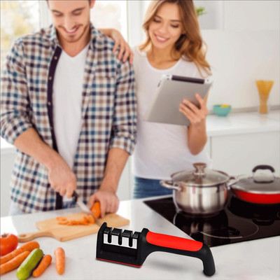 Zakheza 3 in 1 Knife Sharpener with Easy-Grip Handle and Non-Slip Rubber Base Knife Sharpening Steel(Stainless Steel, Plastic)
