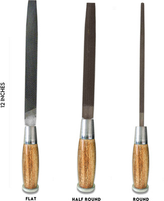 LXMI Wooden Handle Set of 3 File Flat, Half Round, Round 12 Inches Knife Sharpening Steel(Steel)