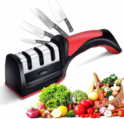 Shopeleven Manual Red Knife Sharpener 3 Stage Sharpening Tool for Steel Knives Knife Sharpening Steel(Plastic)